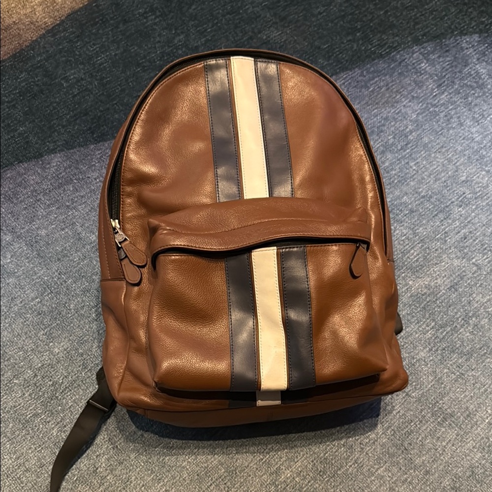 Coach Brown and Black Leather Backpack with Racing Stripes